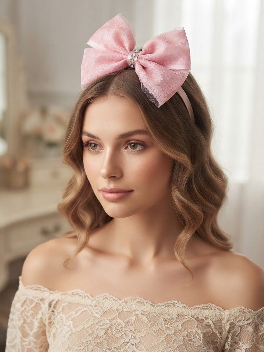Pink Floral Lace‎ Layered Bow Headband with Rhinestone Center Coquette Style